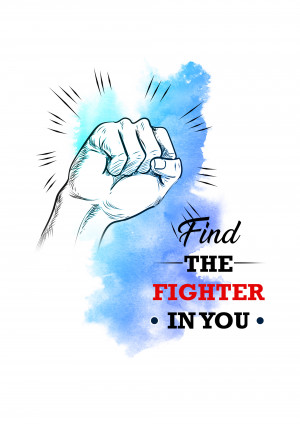 Illustration of a clenched fist with watercolor splashes and motivational text.