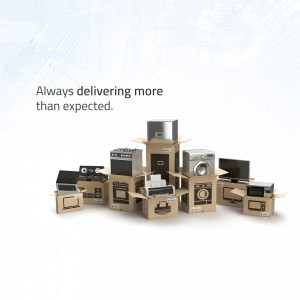 Stack of cardboard boxes containing various home appliances.