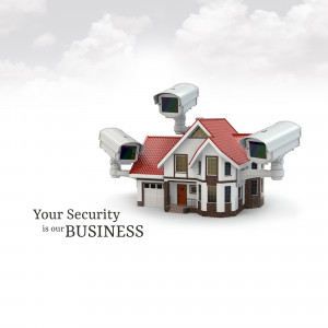 A 3D rendering of a house with security cameras mounted on it, symbolizing home protection.