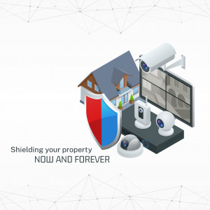 Isometric illustration of a home security system with cameras, monitor, and shield.