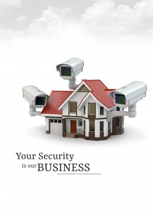 A miniature house model surrounded by security cameras, with the text 'Your Security is our BUSINESS'.