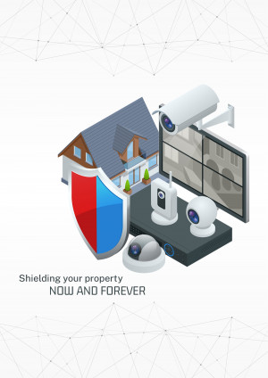 Isometric illustration of a home security system with cameras, monitor, and shield.