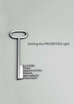 Silver key with words related to success and strategy