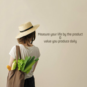Woman with straw hat carrying groceries and a tote bag, with motivational quote.