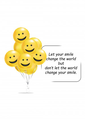 A bunch of yellow balloons with smiley faces and a motivational quote.