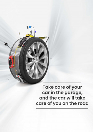 A tire with tools around it and text promoting car care.