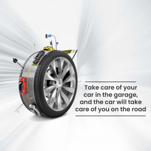 A tire with tools around it, symbolizing car maintenance and care.