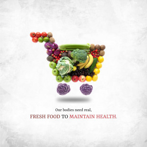 Shopping cart filled with fresh fruits and vegetables