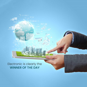 Hand interacting with a tablet displaying a futuristic cityscape and a glowing globe.