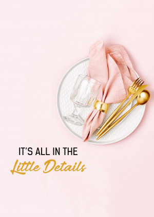 Top-down view of a white plate with gold cutlery, a pink napkin, and a glass on a pink background.