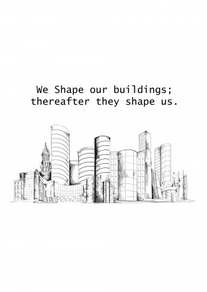 Black and white sketch of a cityscape with a quote about architecture.