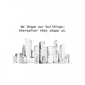 Black and white sketch of a city skyline with a quote about architecture.