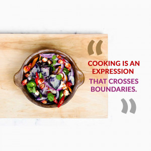 Overhead shot of a vibrant salad in a rustic bowl with a quote about cooking.