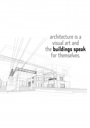 Line drawing of a modern building with text overlay