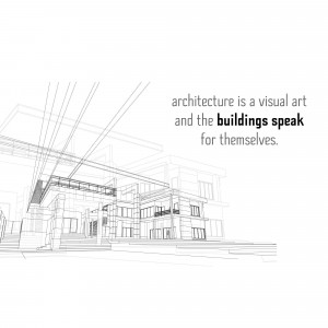 Line drawing of a modern building with text overlay