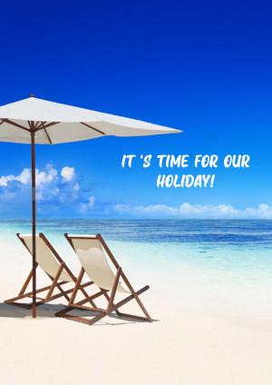 Two beach chairs and an umbrella on a white sandy beach with turquoise water and a clear blue sky.