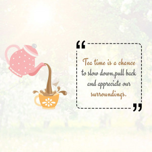 Illustration of a pink teapot pouring tea into a yellow cup with a motivational quote.