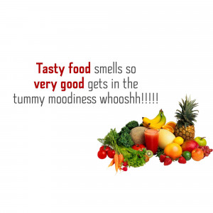 A colorful arrangement of fresh fruits and vegetables with text overlay.