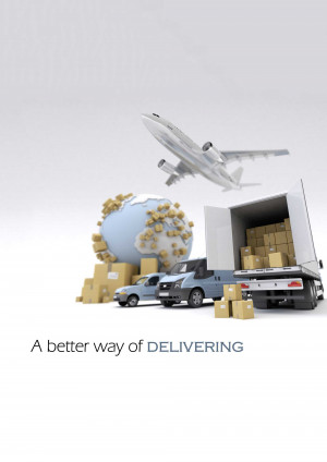 Image depicting global delivery with a plane, truck, van, and packages around the world.