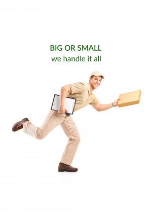 Delivery man running with a package and clipboard