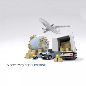 Illustration of an airplane, truck, and packages representing global delivery services.