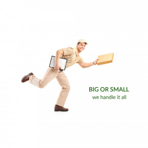 A delivery man running with a package and clipboard.