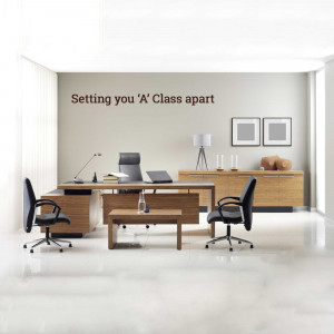 Elegant and spacious office with wooden furniture and a minimalist design.