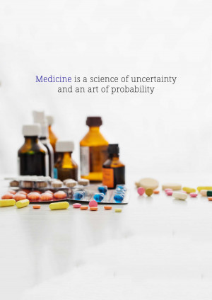 Assortment of medicine bottles and pills on a white surface with text overlay.