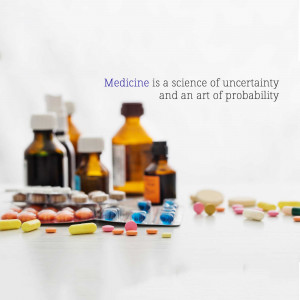 Various medicine bottles, pills, and capsules scattered on a white surface with text overlay.