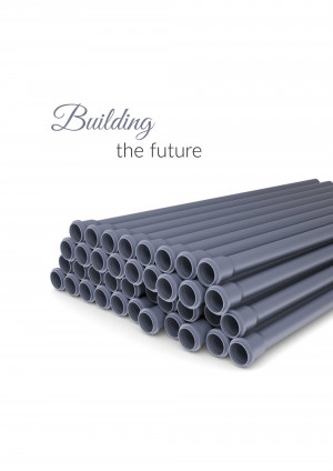 Stack of gray plastic construction pipes