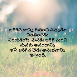 Image with a Telugu quote about life, happiness, and living in the moment with blurred green grass and flowers in the background.