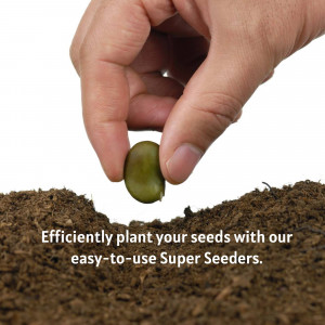 A hand holding a bean seed over soil, with text promoting Super Seeders.