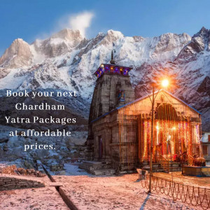 Kedarnath Temple nestled in the Himalayas with snow-capped mountains, promoting Chardham Yatra packages.