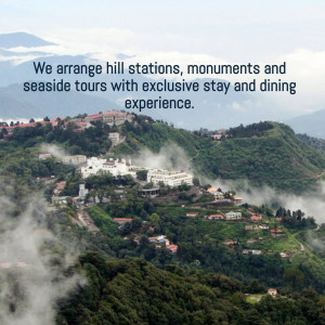 Scenic view of a hill station with text overlay promoting tour packages.