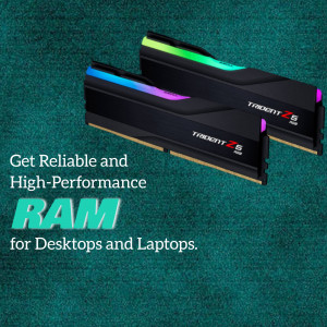 Two Trident Z5 Neo RGB RAM sticks on a teal background with promotional text.