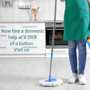 Woman cleaning kitchen floor with a mop, promoting domestic help services.