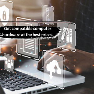 Image depicting cybersecurity measures and computer hardware with a promotional text overlay.