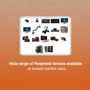 Assortment of computer peripherals including monitors, keyboards, mice, speakers, and more.