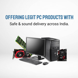 Computer components including graphics cards, RAM, motherboard, monitor, and PC case.