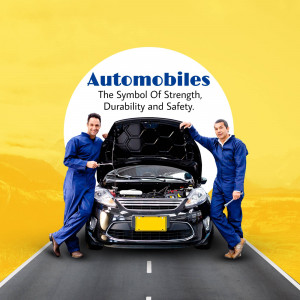 Two mechanics standing in front of a car with the hood open, promoting automobile services.