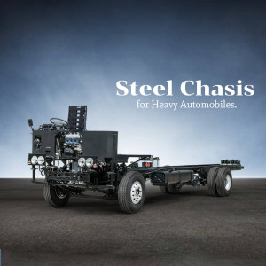 A side view of a black Steel Chassis for heavy automobiles against a blurred background.