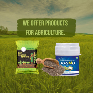 Image showcasing organic manure and Jugnu fertilizer products for agriculture.
