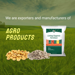 Image of organic fertilizer bag with soybeans and sunflower seeds in a field.