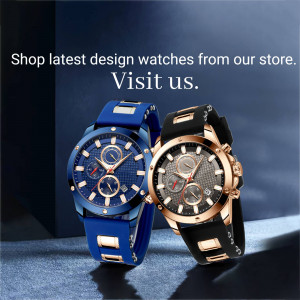Two stylish watches, one blue and one rose gold, displayed for sale.