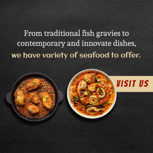 Two bowls of seafood dishes on a dark background with text promoting seafood variety.