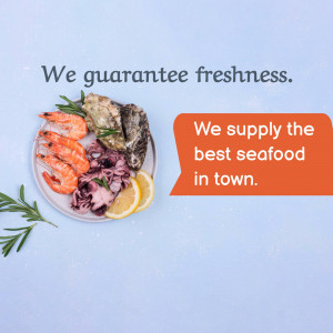 Plate of fresh seafood including shrimp, oysters, and salad with lemon, with text guaranteeing freshness and supply of the best seafood.