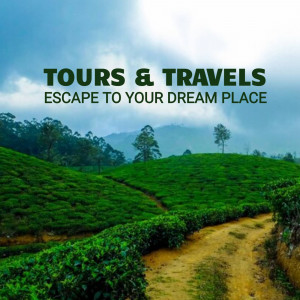 Scenic landscape with text overlay promoting tours and travels.