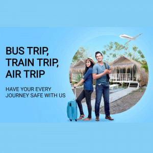 Couple with luggage in front of tropical bungalows and travel options.