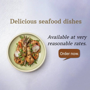 Plate of grilled prawns with vegetables and a call to action button.