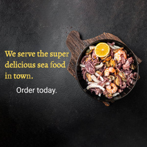 Overhead view of a seafood platter with shrimp, mussels, squid, and lemon on a wooden board against a dark background.